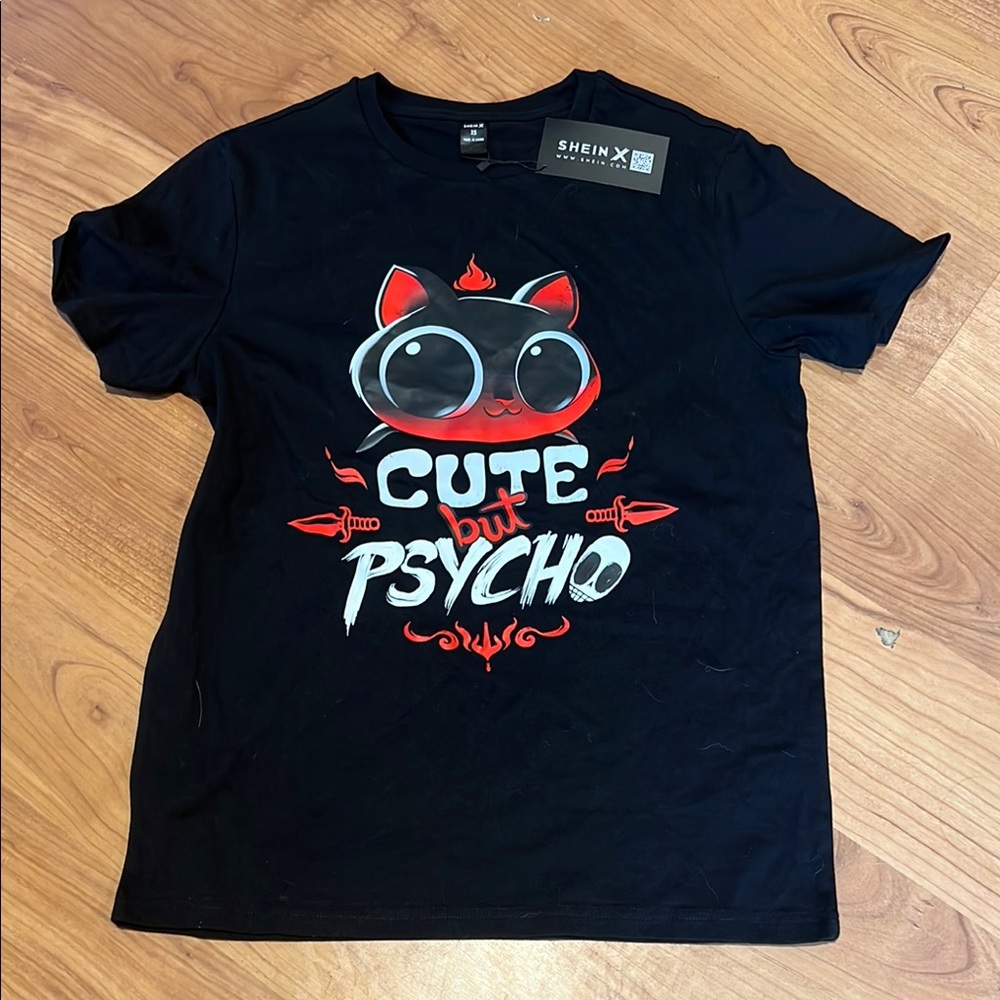 SHEIN Black Cat cute but psycho XS T-Shirt nwt